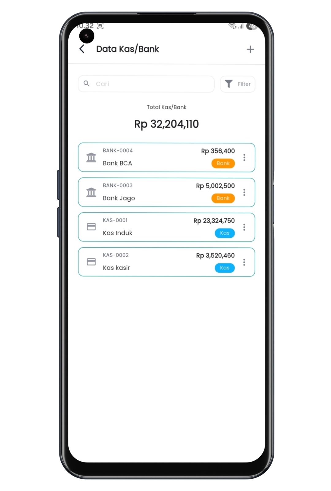 Tampilan data kas dan bank Axata Kasir