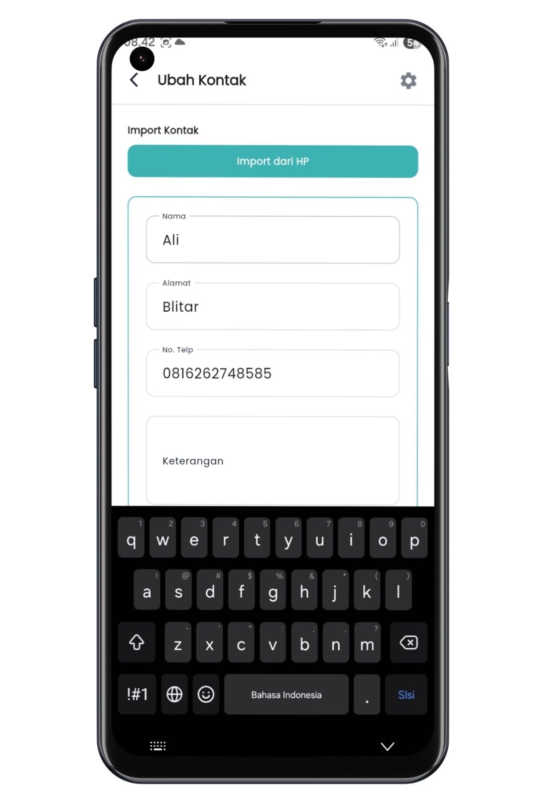 Tampilan data kontak Axata Kasir