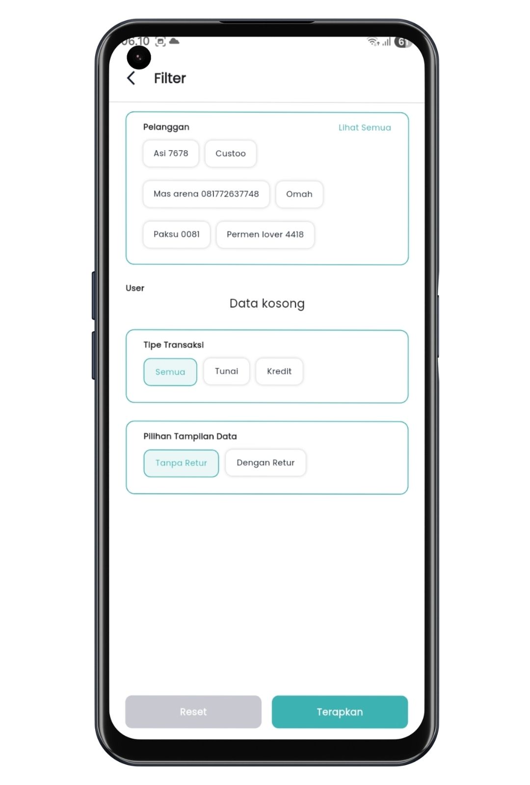 Filter data penjualan Axata Kasir