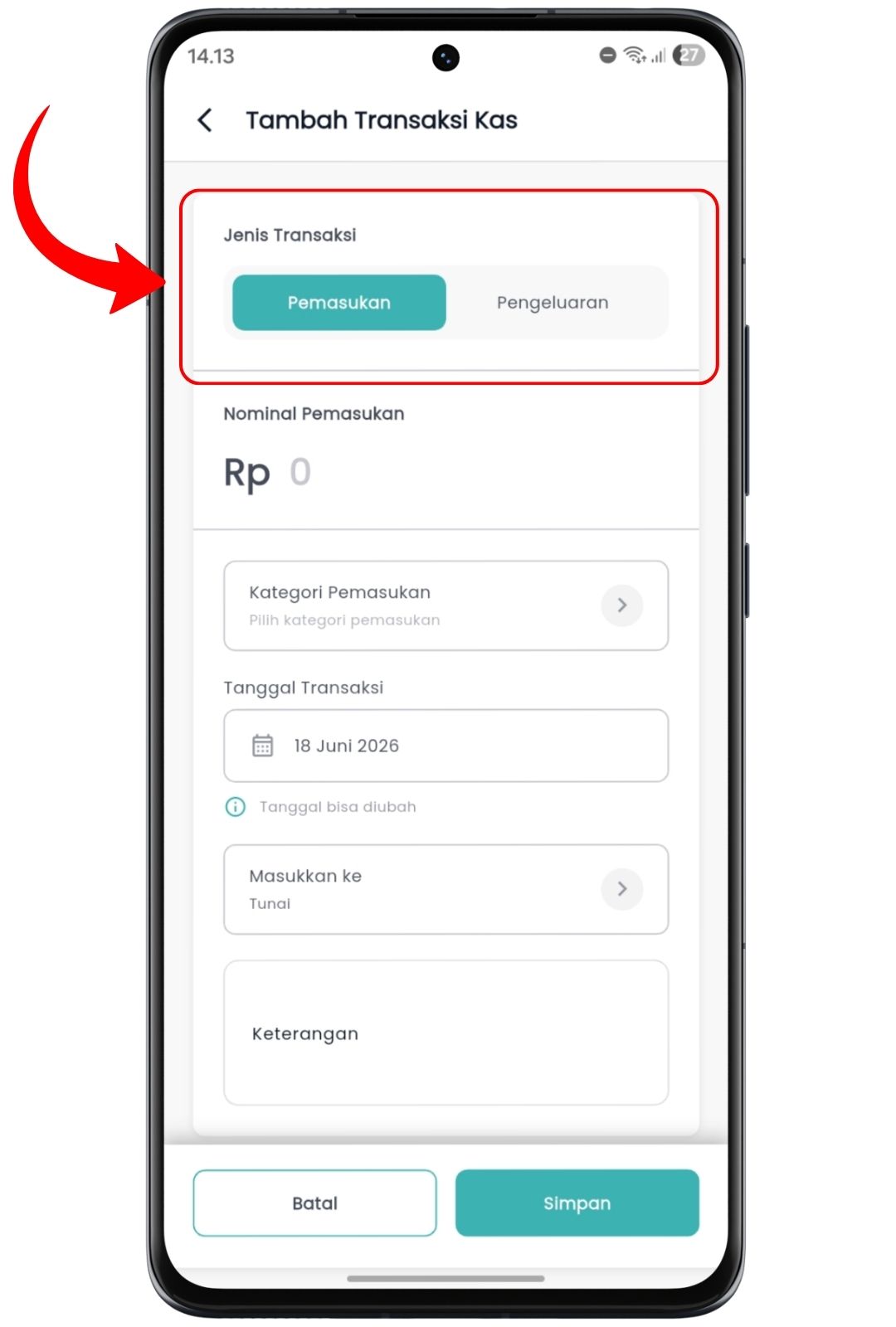Tambah Transaksi Kas di Axata Kasir Lite