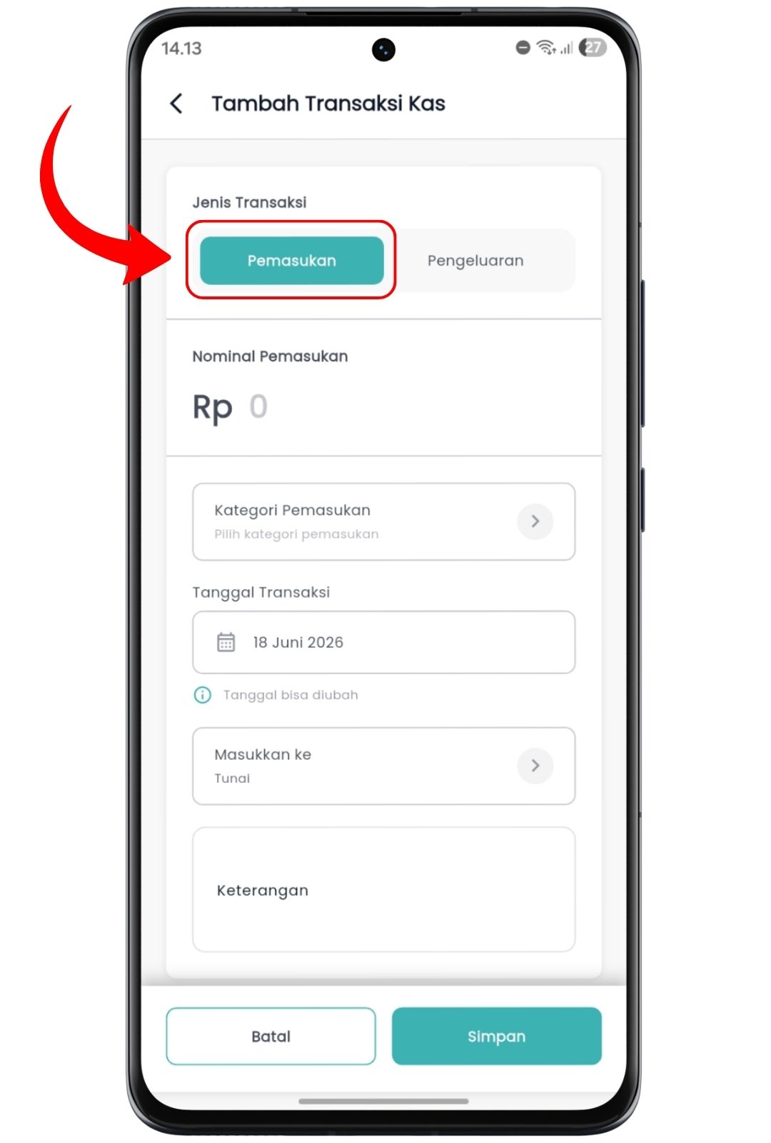 Tambah Transaksi Kas di Axata Kasir Lite