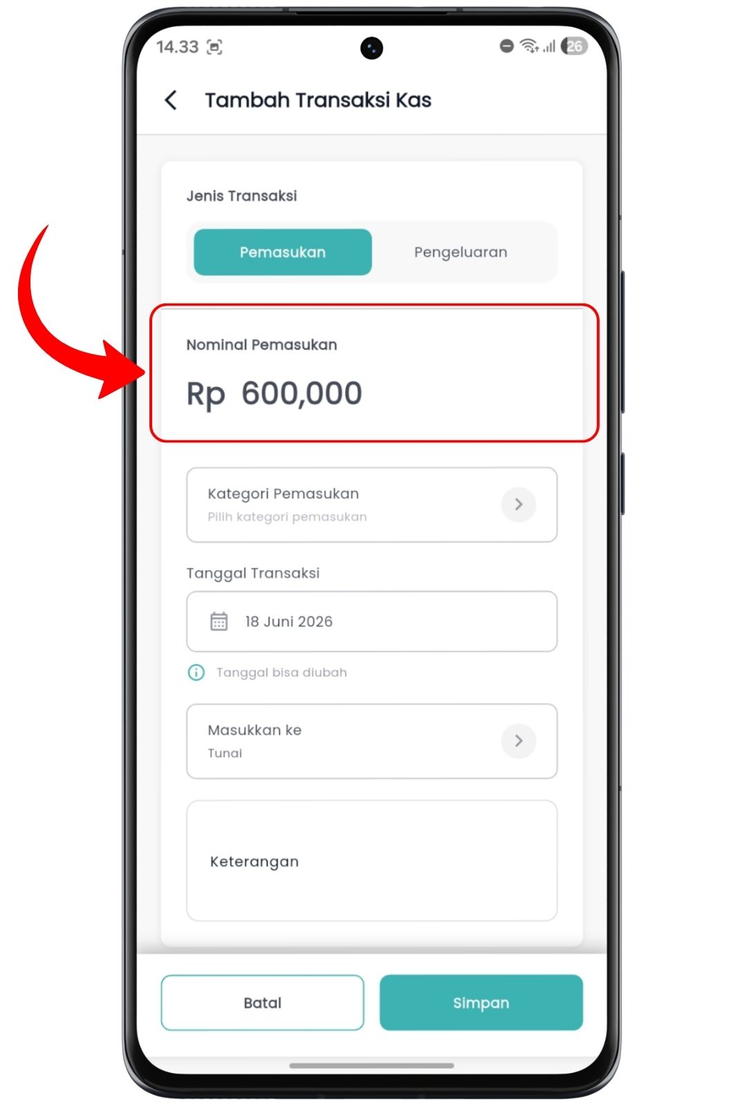 Tambah Transaksi Kas di Axata Kasir Lite