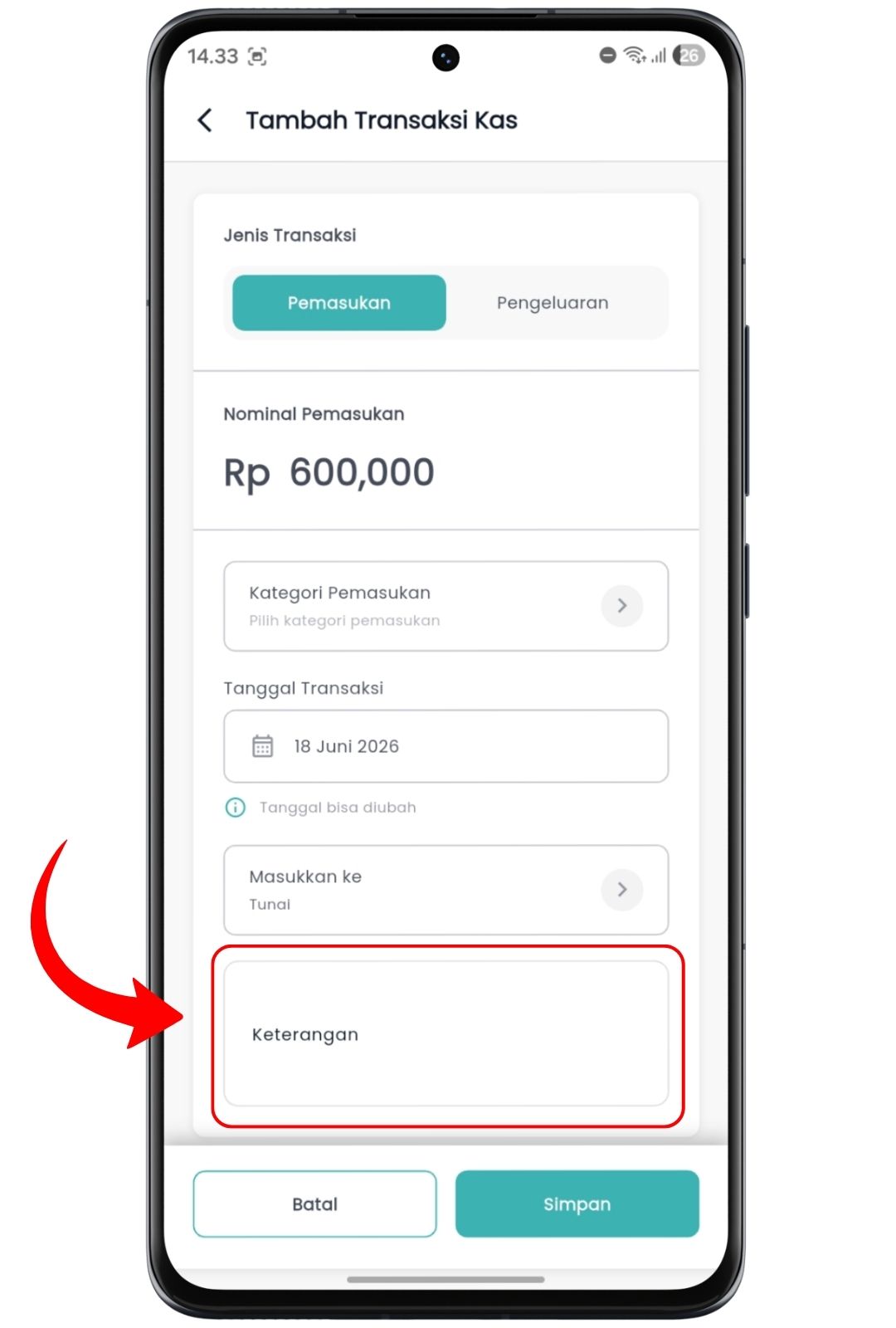 Tambah Transaksi Kas di Axata Kasir Lite